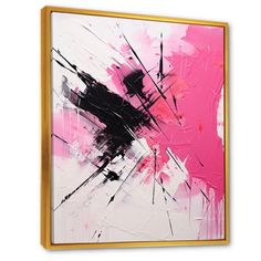 an abstract painting with pink, black and white colors on the canvas in a gold frame