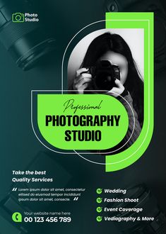 a green and black flyer for photography studio with a woman holding a camera in front of her face