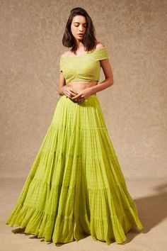 Shop for Chamme and Palak Green Georgette Striped Lehenga With Blouse for Women Online at Aza Fashions Lime Green Skirt, Georgette Skirt, Green Lehenga, Fabric Skirt, Flowy Fabric, Intricate Embroidery, Tulle Fabric, Green Blouse, Tier Skirt