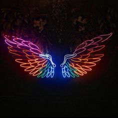 a neon sign with wings on it in the dark