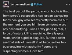 an image of the text on top of a tweet that reads,'the best part of the percy jackson books is that from