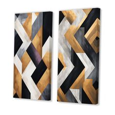 two black and gold abstract paintings on canvases, each with different shapes in them