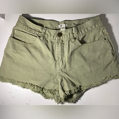 These Green Billabong Shorts Are In Amazing Condition. I Bought Them Brand New, And Have Only Worn Them Twice. Green Shorts With Frayed Hem, Green Bottoms With Frayed Hem In Short Length, Green High Rise Cotton Shorts, Green Jean Shorts, Fringe Hem Jeans, Patchwork Denim Jeans, Billabong Shorts, Vintage Chanel Handbags, Billabong Women