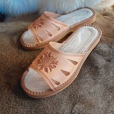 Women's natural leather slippers / sandals Traditional stamping patterns highlander Size & Insole length US5 / UK3 / EU36  - 23   cm / 9.05 inches US6 / UK4 / EU37  - 23,5 cm / 9.25 inches US7 / UK5 / EU38  - 24   cm / 9.44 inches US8 / UK6 / EU39  - 25   cm / 9.84 inches US9 / UK7 / EU40  - 25,5 cm / 10.03 inches US10 / UK8 / EU41 - 26,5 cm / 10.43 inches Unique women's natural leather slippers / sandals - Traditional stamping patterns highlander Thick, delicate genuine leather with beautiful p Comfortable Open Toe Slippers With Rubber Sole, Comfortable Open Toe Sandals With Soft Sole, Comfortable Open Toe Slides With Stitched Sole, Comfortable Beach Slippers With Leather Sole, Comfortable Natural Sandals With Round Toe, Comfortable Natural Color Sandals With Round Toe, Comfortable Open Toe Slippers In Natural Color, Comfortable Open Toe Mules With Stitched Sole, Brown Open Toe Slippers For Outdoor