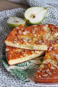 an apple pie is cut into slices on a plate