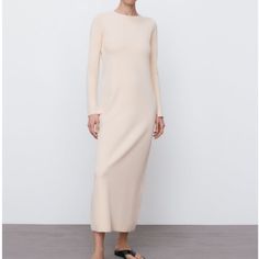 I Purchased This Dress About A Year Ago And Never Used It. It's In Excellent Condition. Spring Ribbed Midi Dress For Daywear, Beige Sweater Dress For Spring Daywear, Beige Ribbed Spring Dress, Beige Ribbed Dress For Spring, Long Ribbed Beige Dress, Zara Casual Ribbed Sweater Dress, Casual Maxi Sweater Dress For Spring, Casual Long Midi Dress By Zara, Zara Long Midi Dress Casual