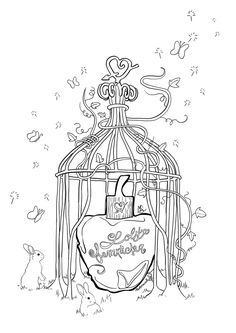 a drawing of a bird in a cage