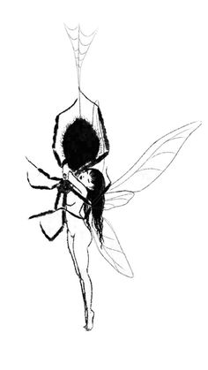 a black and white drawing of a bee with spider legs on it's back