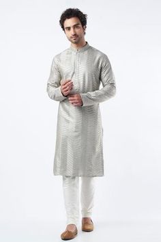 Shop for Kasbah Silver Silk Sequin Embroidered Kurta for Men Online at Aza Fashions Elegant Luxury Silver Kurta, Festive Silver Kurta With Resham Embroidery, Unstitched Silver Kurta With Resham Embroidery, Sequence Kurta For Men, Silver Kurta For Men, Shimmer Kurta For Men, Kurta Men, Silver Silk, Luxury Sale