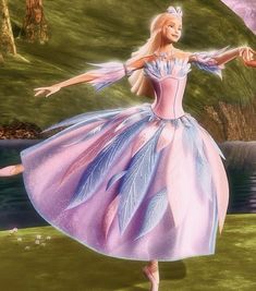 a painting of a woman in a pink and blue ball gown with her arms outstretched