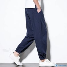 OrcaJump - Cotton and Linen Casual Trousers: Retro and Fashionable Elasticized Cuffed Pants Casual Harem Pants With Relaxed Fit, Ankle-length, Casual Ankle-length Harem Pants, Casual Solid Ankle-length Harem Pants, Casual Stretch Ankle-length Pants, Casual Loose Fit Ankle-length Harem Pants, Casual Ankle-length Harem Pants With Elastic Waistband, Casual Relaxed Fit Ankle-length Bottoms, Casual Ankle-length Bottoms With Pockets, Casual Stretch Harem Pants With Side Pockets