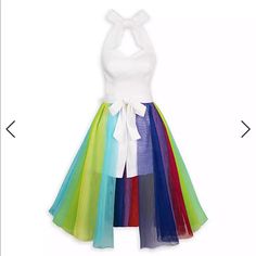 From The Disney Parks Dress Shop Collection Comes This White Halter Top Shorts Romper With Removable Layered Rainbow Skirt Made Up Of Sheer Panels Representing The Colors Of All The Emotions In Disney And Pixar's Inside Out. You Be Filled With Joy To Wear It, Sending Sadness Away For Another Day! Spring Sleeveless Disney Dresses, Fitted Disney Dresses For Spring, Disney Sleeveless Spring Dress, Fitted Disney Spring Dresses, Fitted Disney Dress For Summer, Multicolor Disney Dresses For Summer, Multicolor Disney Summer Dresses, Disney Multicolor Summer Dresses, Split Front Skirt