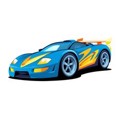 a blue sports car with orange flames on the front and side, is facing forward