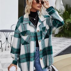 Plaids Shacket Women Oversized Jacket Cardigan Button Front Oversized Fit Plaid Shirt Women, Pockets Fashion, Long Sleeve Outerwear, Coat Pocket, Oversized Jacket, Plaid Jacket, Green Plaid, Green Jacket, Crop Jacket