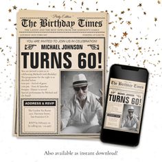 the birthday times newspaper is displayed next to an iphone