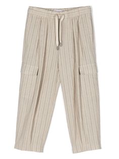 taupe linen blend pinstripe pattern pleat detailing lurex detailing signature Monili chain detail mid-rise elasticated drawstring waistband two side slit pockets two side cargo pockets two rear patch pockets tapered leg Pinstripe Pattern, Cotton Viscose, Casual Trousers, Cargo Trousers, Casual Girl, Drawstring Waistband, Brunello Cucinelli, Tapered Legs, Linen Blend