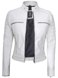 Discover the Women's White Cafe Racer Leather Jacket, a captivating embodiment of edgy style and timeless allure. Crafted from premium leather, this jacket seamlessly captures the spirit of the classic cafe racer design. Specification: 100% Real Lambskin Leather. The style for all seasons. Internal full lined with skin-friendly soft polyester. Decorative seam and shoulder details. Erect collar with smooth zip YKK closure. Four exterior pockets. One extra inside pocket for a cell phone. Check measurements via a size chart for a better fit. White Jacket Outfit, Racer Leather Jacket, Maroon Leather Jacket, Leather Jacket For Women, Cafe Racer Leather Jacket, Cafe Racer Design, White Cafe, Black Leather Blazer, Tan Leather Jackets