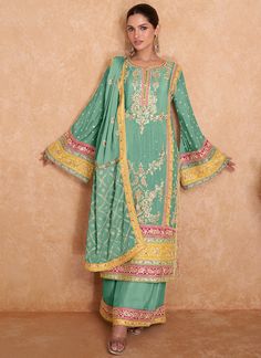 Sea Green Multi Embroidered Wedding Palazzo Suit Wedding Salwar Kameez, Embroidery Dupatta, Designer Salwar Kameez, Palazzo Suit, Salwar Kameez Online, Party Kleidung, Embroidered Wedding, Salwar Kameez Designs, Pakistani Suits