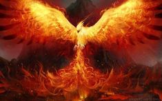 a fire bird flying through the air with its wings spread out in front of it