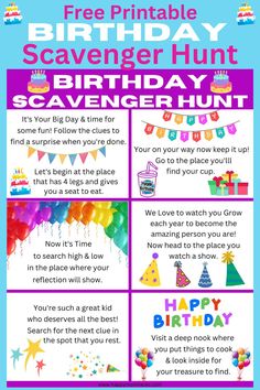 a birthday party flyer with the words free printable birthday scavent hunt on it