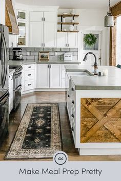 a large kitchen with white cabinets and wood accents on the countertops, along with a rug