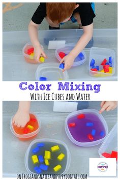 a boy playing with colored ice cubes and water