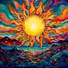 the sun is shining brightly in this colorful painting