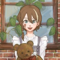 a girl holding a teddy bear in front of a window