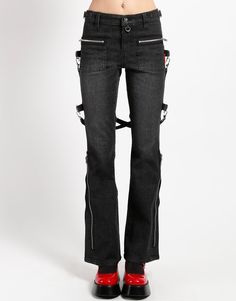 TRIPP NYC - NIGHT RIDER JEAN Mid-rise Washed Black Flare Jeans With Belt Loops, Edgy High Waist Jeans With Zipper Closure, Edgy High-waist Jeans With Zipper Closure, Edgy Washed Black Jeans, Edgy Dark Wash Mid-rise Pants, Edgy Zip Fly Denim Jeans, Edgy Denim Cargo Jeans With Belt Loops, Edgy Cargo Jeans With Five Pockets, Edgy Denim Jeans With Zip Fly