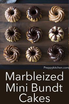 marbleized mini bundt cakes with chocolate frosting on a wooden board and text overlay