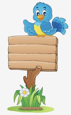 a blue bird sitting on top of a wooden sign