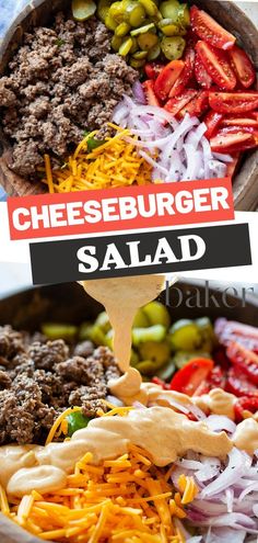 the cheeseburger salad is being drizzled with dressing and served in a bowl