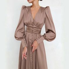 1940S Women Solid Faux Silk Buttoned Tea Dress Long Sleeve Dress 2022 New | eBay Puff Long Sleeve Dress, Glamour Vintage, Robes Vintage, Maxi Dress Outfit, Womens Long Dresses, Party Kleidung, Puff Long Sleeves, Garden Parties, Satin Midi Dress