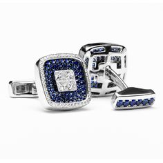 18K White Gold square cufflinks with 1.46ct Invisible Set Princess Cut Diamonds in the Center and Pave Set Round Cut Diamonds (104 Stones) around the Frame, 1.76ct Pave Set Blue Sapphires (156 Stones) in the Middle and on Wing Backs. Argentium Silver Jewelry, Mens Dress Hats, Handmade Cufflinks, Sterling Silver Mens Rings, Round Sapphire, Gold Cufflinks, Argentium Silver, Mens Silver Rings, Cufflinks Men