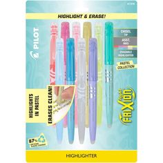 four different colored pens are shown in the package, and one is for highlighters