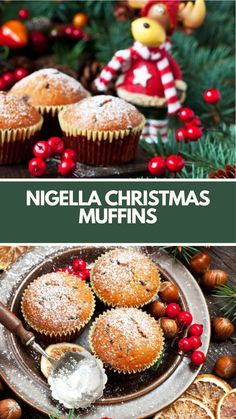 christmas muffins with powdered sugar and cranberries on the side, surrounded by pine cones