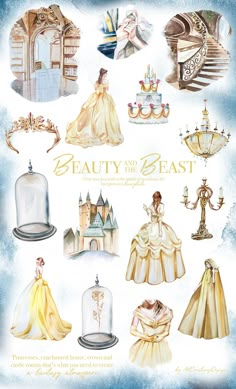 the beauty and the beast poster is shown in various stages of being dressed as princesses