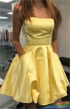 WD0077,Short Round Neck Yellow Homecoming Dress Satin with Pockets on Storenvy Homecoming Dresses Yellow, Yellow Homecoming Dresses, Strapless Homecoming Dresses, Backless Homecoming Dresses, Prom Dresses Yellow, Looks Party, Short Prom Dress, Short Prom, Hoco Dresses