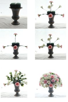 four photographs of flowers in a vase with multiple angles to show the same flower arrangement