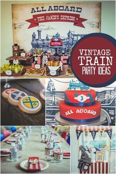 vintage train party ideas including cake, cookies and desserts for an all aboard party