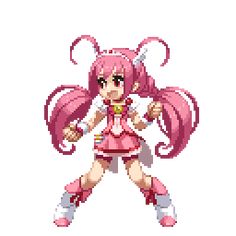 an anime character with pink hair and red shoes, holding her arms out to the side