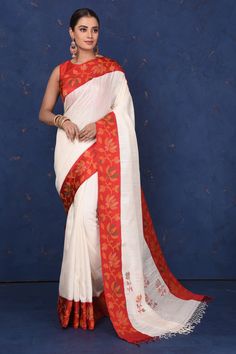 Buy beautiful off-white matka silk saree online in USA with red cut shuttle weave border. Look elegant on festive occasions in exclusive silk sarees, matka sarees, handwoven sarees, embroidered sarees, designer sarees from Pure Elegance Indian saree store in USA.-full view Traditional White Pre-draped Saree With Embroidered Border, White Handloom Pre-draped Saree For Diwali, White Handloom Pre-draped Saree, White Slub Silk Dupatta With Embroidered Border, Traditional Slub Silk Pre-draped Saree With Embroidered Border, White Cotton Silk Pre-draped Saree With Cutdana, White Tussar Silk Pre-draped Saree For Diwali, Festive White Pre-draped Saree With Embroidered Border, White Slub Silk Pre-draped Saree