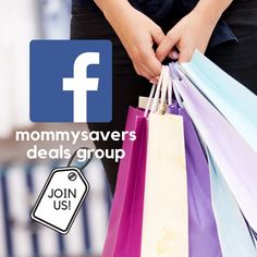 a woman holding shopping bags with the facebook logo above her left shoulder and text that reads, mommysavers dealis group join us