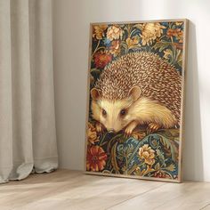 a hedgehog is sitting on the corner of a room