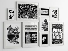 black and white posters are hanging on the wall