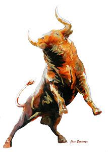 a painting of a bull in the air with it's front legs spread out