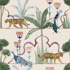 a wallpaper with tiger and peacocks in the jungle on it's side