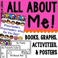 an all about me poster with the words books, graphs, activities and posters