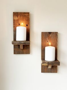 Farmhouse Candle Sconces (Set of 2) with Reclaimed Wood. Candle included. Candle Sconces Decor Ideas, Rustic Wood Candle Holders, Farmhouse Shutters, Farmhouse Candles, Diy Summer Crafts, Rustic Wall Sconces, Garden Decor Projects, Wall Candle Holders, Wood Candle Holders