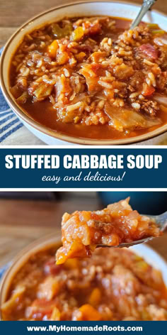 two pictures showing different types of food in the same bowl, one with meat and cabbage soup